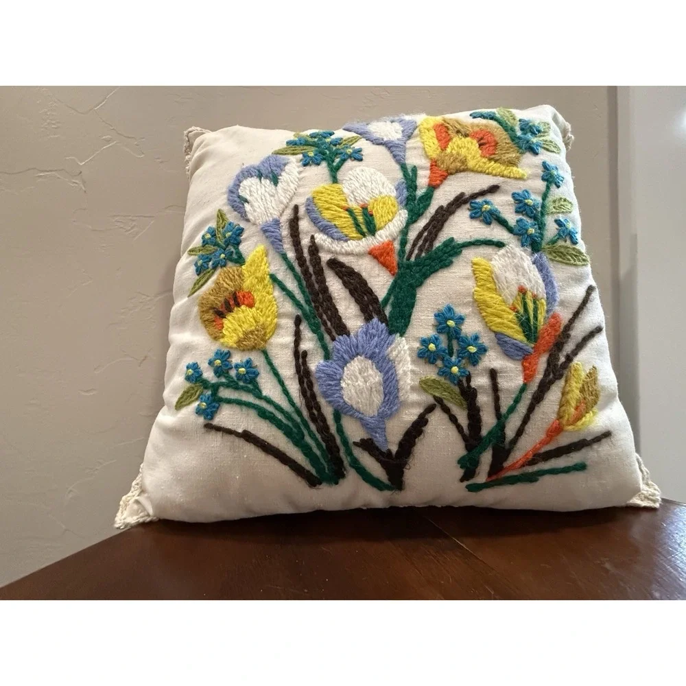 Vintage Hand-Embroidered Floral Throw Pillow with Crochet Trim 13